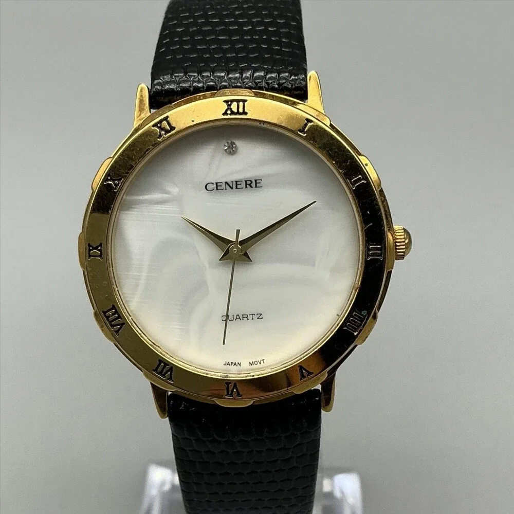 Cenere 822 Womens Watch 32mm MOP Dial Gold Tone Black Leather New Battery